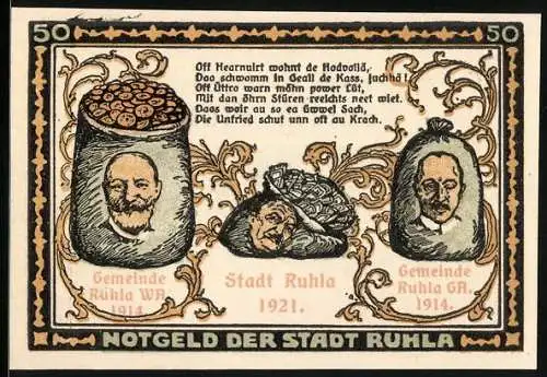 Notgeld Ruhla 1922, 50 Pfennig, Säcke mit Geld, Schmiede