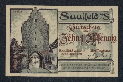 Notgeld Saalfeld a. S. 1921, 10 Pfennig, Am Saaltor, Ortspartie mit Brücke