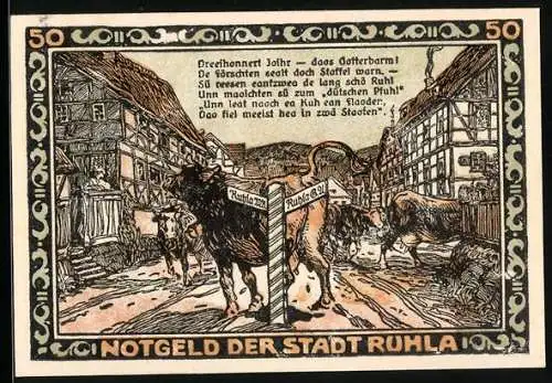 Notgeld Ruhla 1922, 50 Pfennig, Grenzpfeiler vor der Kuhherde