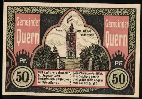 Notgeld Quern 1919, 50 Pfennig, Bismarckturm auf dem Scheersberg