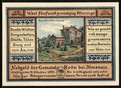 Notgeld Roda bei Ilmenau 1921, 25 Pfennig, Schöffenhaus und Nagelschmied Rotschild