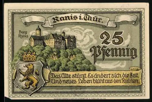 Notgeld Ranis i. Thür. 1921, 25 Pfennig, Burg Ranis und Wappen