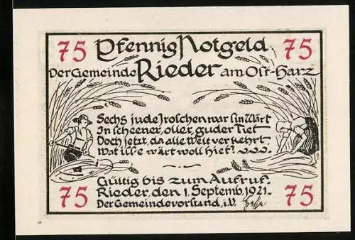 Notgeld Rieder /Ostharz 1921, 75 Pfennig, Blick auf den Ort