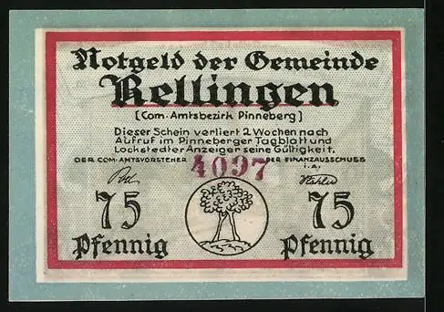 Notgeld Rellingen, 75 Pfennig, Strassenpartie mit Kirche