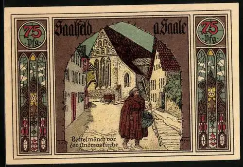 Notgeld Saalfeld a. Saale 1921, 75 Pfennig, Bettelmönch vor der Andreaskirche