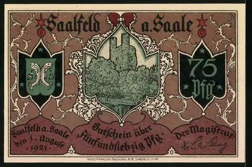 Notgeld Saalfeld a. Saale 1921, 75 Pfennig, Sturm auf das Benediktinerkloster