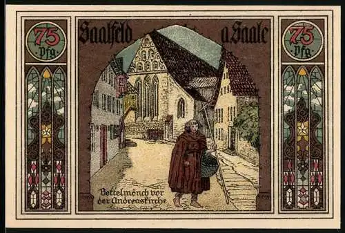 Notgeld Saalfeld a. Saale 1921, 75 Pfennig, Bettelmönch vor der Andreaskirche