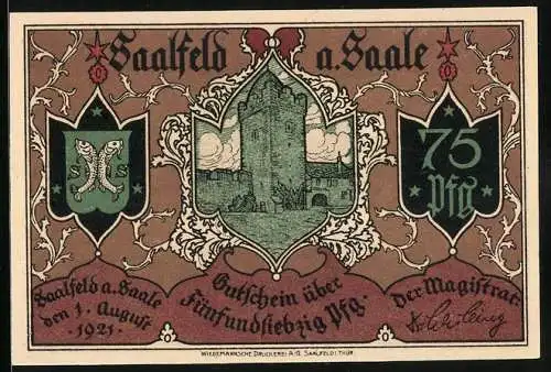 Notgeld Saalfeld a. Saale 1921, 75 Pfennig, Alter Turm und Kutsche