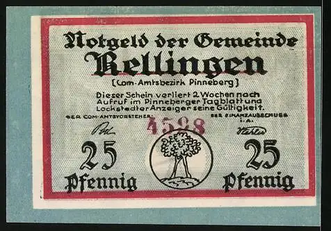 Notgeld Rellingen, 25 Pfennig, Stadtpartie mit Kirchturm