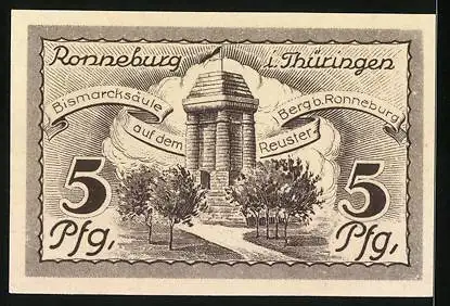 Notgeld Ronneburg i. Thüringen 1921, 5 Pfennig, Bismarcksäule auf dem Reusterberg