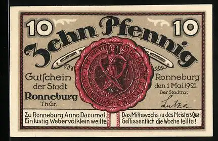 Notgeld Ronneburg i. Thüringen 1921, 10 Pfennig, Unteres Tor um das Jahr 1717