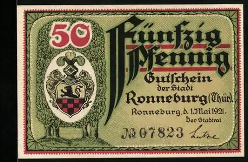Notgeld Ronneburg i. Thüringen 1921, 50 Pfennig, Rathaus und Wappen