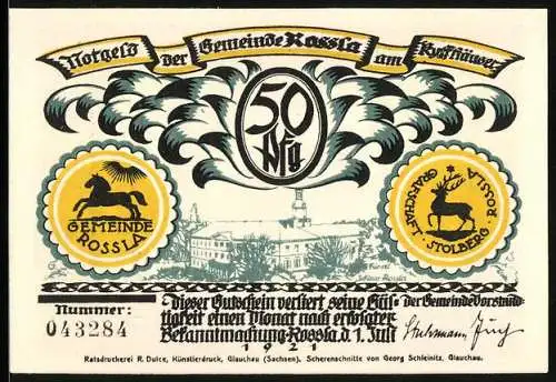 Notgeld Rossla am Kyffhäuser 1921, 50 Pfennig, Muss ich auch noch schlafen verzaubert hundert Jahr