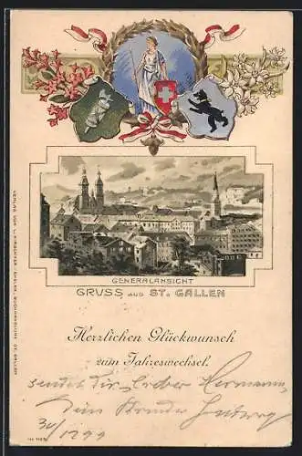 Präge-AK St. Gallen, Stadtansicht mit Kirchtürmen in Wappen-Passepartout