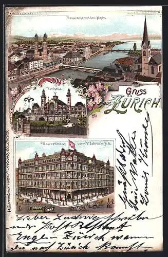 Lithographie Zürich, Warenhaus F. Jelmoli A. G., Tonhalle, Panorama