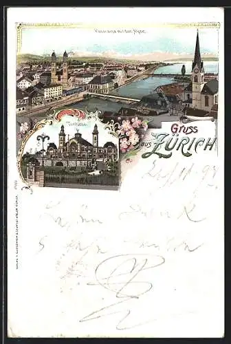 Lithographie Zürich, Tonhalle und Panorama mit Alpen