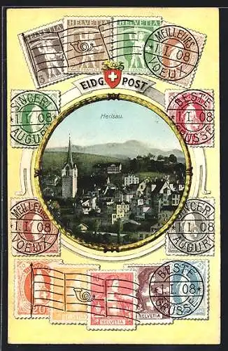 AK Herisau, Teilansicht im Briefmarken-Passepartout