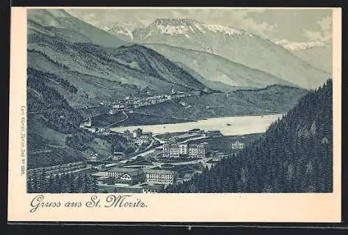 Lithographie St. Moritz, Ortsansicht mit Bergpanorama