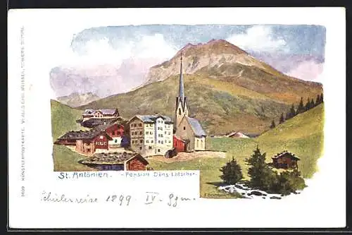 Künstler-AK St. Antönien, Pension Dönz-Lötscher mit Berglandschaft