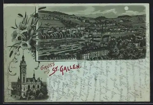 Mondschein-Lithographie St. Gallen, Stadtansicht und Kirche