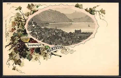 Lithographie Montreux, Stadtansicht im Wein-Passepartout