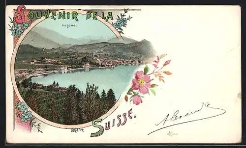 Lithographie Lugano, Stadtansicht mit See und Bergen