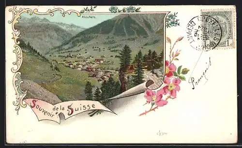 Lithographie Klosters, Ortsansicht mit Berglandschaft