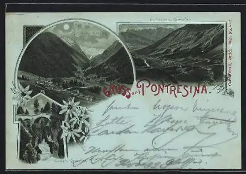 Mondschein-Lithographie Pontresina, Brücke, Rosseg und Samaden