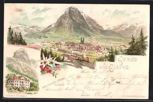 Lithographie Glarus, Kuranstalt Richisau, Panorama der Ortschaft