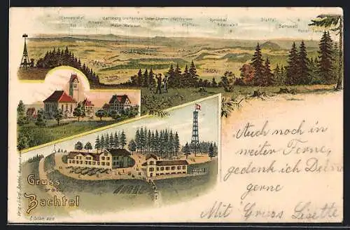 Lithographie Bachtel, Gasthaus, Kirche Hinweil, Panorama vom Aussichtspunkt