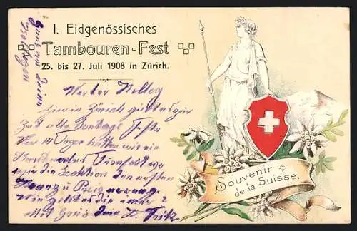 Präge-AK Zürich, I. Eidgenössisches Tambouren-Fest 1908, Helvetia mit Wappen