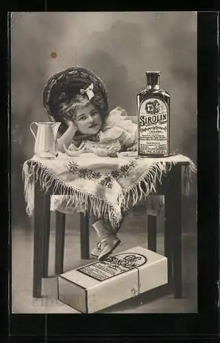 AK Reklame für Medikament Sirolin d. Firma Hoffmann-La Roche, Mädchen sitzt am Tisch
