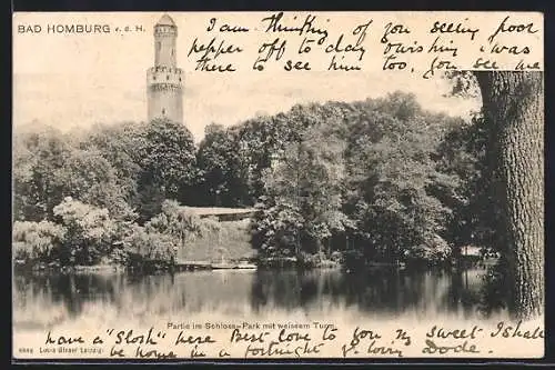 AK Bad Homburg v. d. H., Schlosspark-Partie mit weissem Turm