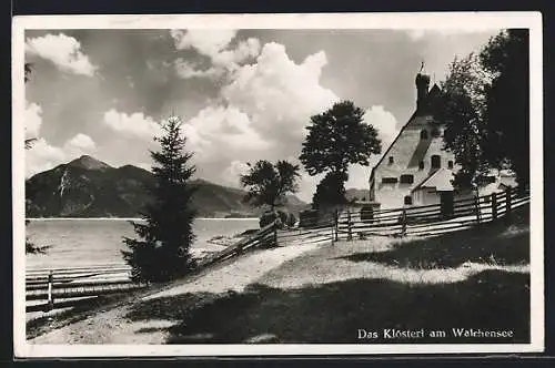 AK Klösterl am Walchensee, Ansicht mit See und Bergblick