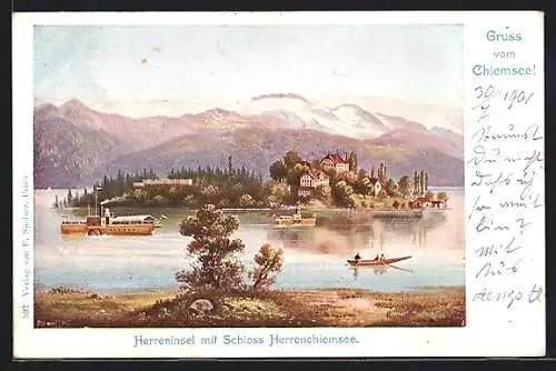 Lithographie Herrenchiemsee, Herreninsel mit Schloss am Chiemsee