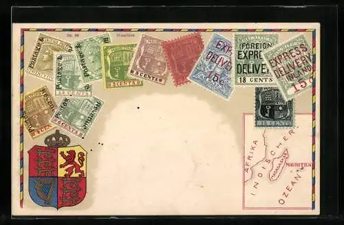 AK Madagaskar, Briefmarken, Wappen und Landkarte