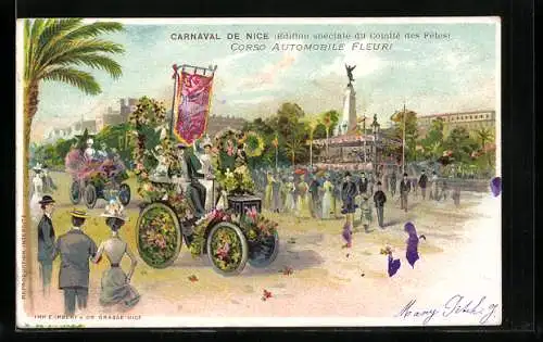 Lithographie Nice, Carnaval de Nice, Corso Automobile Fleuri