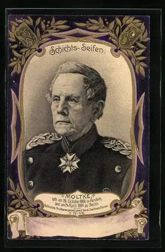 AK Moltke in Uniform, Porträt, Reichseinigungskriege, Reklame Georg Schicht Seifen- & Kerzenfabrik, geprägter Rahmen