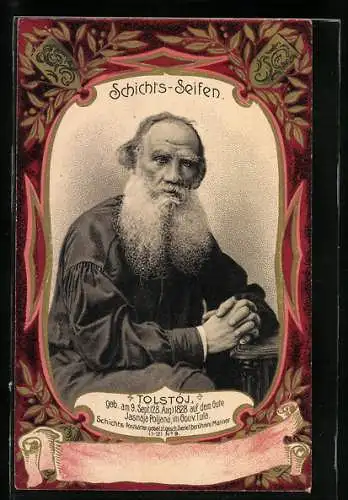 Lithographie Porträt Dichter Leo Graf Tolstoi, Reklame für Schichts-Seifen