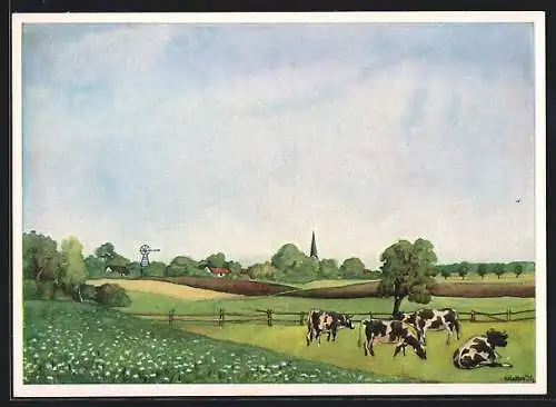 Künstler-AK Schillgallen, grasende Kühe bei dem Dorf