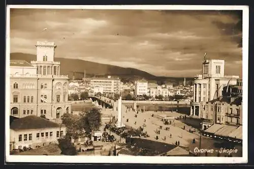 AK Skopje, Teilansicht mit Brücke aus der Vogelschau