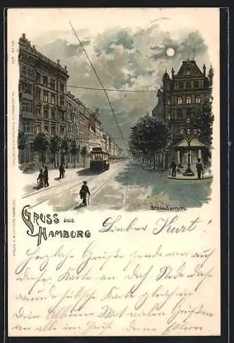 Lithographie Hamburg-St.Georg, Strassenbahn auf dem Steindamm