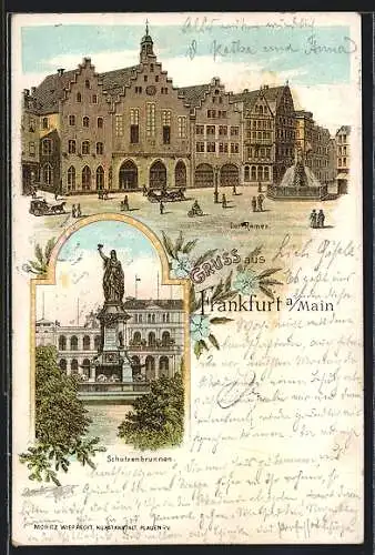 Lithographie Frankfurt a. M., Der Römer, Schützenbrunnen