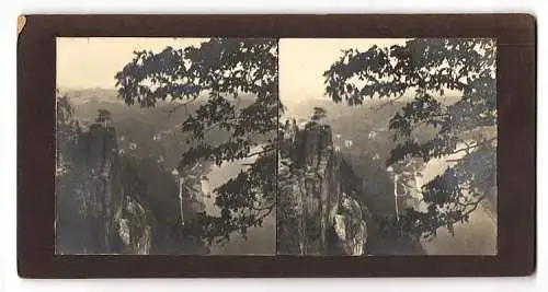 Stereo-Fotografie unbekannter Fotograf, Ansicht Bastei, Sächsische Schweiz, Schöner Blick auf Bastei u. Fluss, 1921