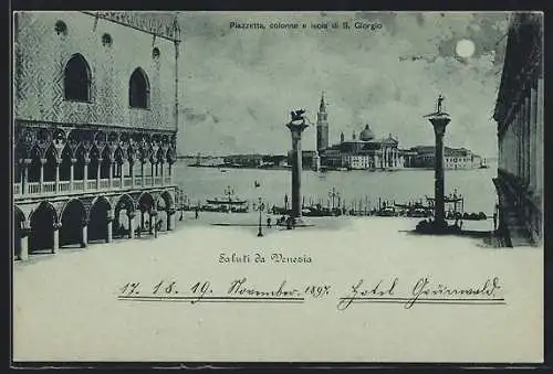 Mondschein-AK Venezia, Piazzetta, colonne e isola di S. Giorgio