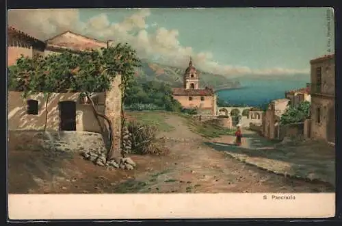 Lithographie Taormina, Ortspartie im mediterranen Idyll