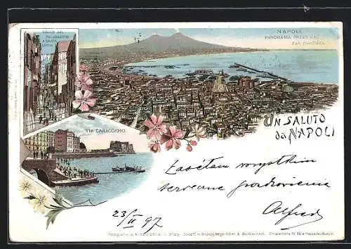 Lithographie Napoli, Panorama preso da San Marino, Vicolo del Pallonetto a Santa Lucia, Via Caracciolo