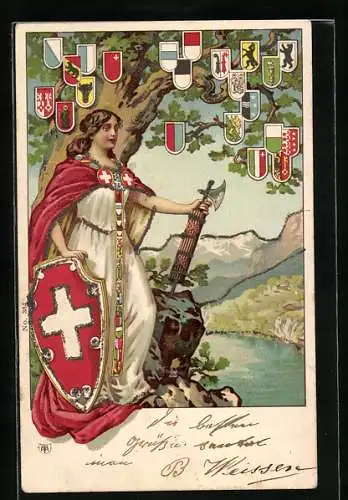 Lithographie Schweiz, Helvetia mit Schweizer Wappen