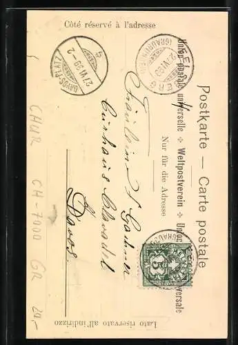 Künstler-AK Chur, Calvenfeier 1899, Benedikt Fontana & Wappen