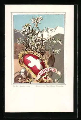 Lithographie Schweiz, Wappen der Schweiz mit Edelweiss